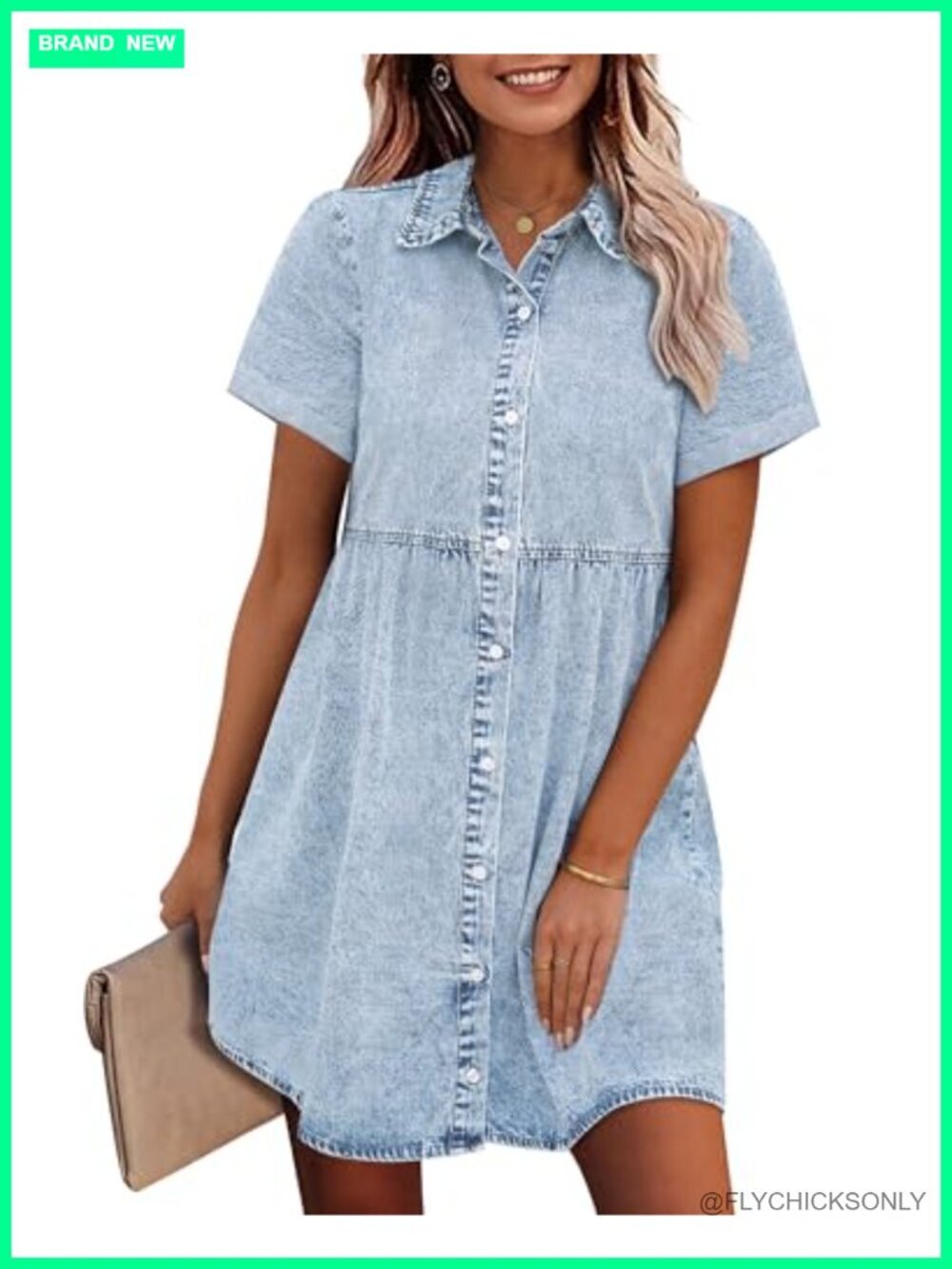 Babydoll Tiered Short Sleeve Button Down Denim Dress